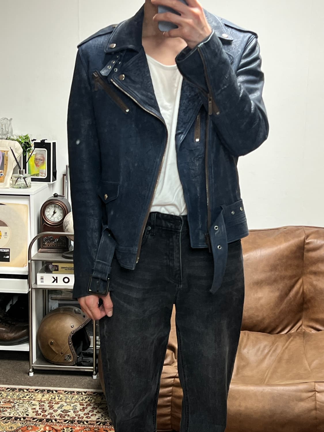 [L] Jpn 빈티지 네이비 램스킨 더블 라이더자켓 상품이미지8