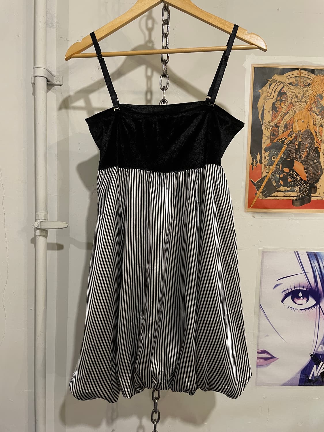 리본 포인트 블랙 스트라이프 원피스 갸루 상품이미지6