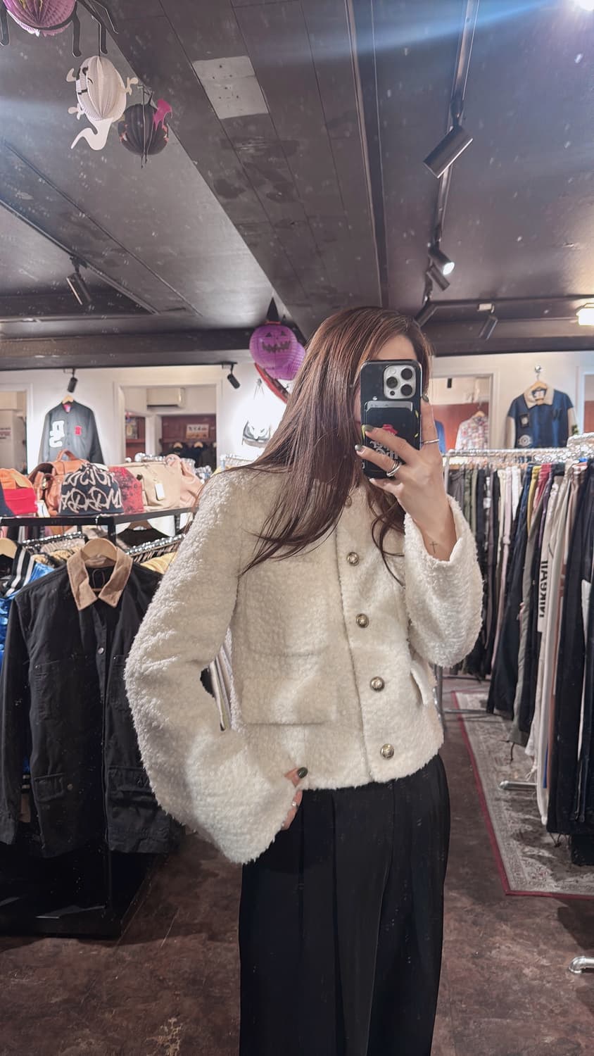 잇미샤 아이보리 부클레 크롭 노카라 트위드 자켓 S 상품이미지7