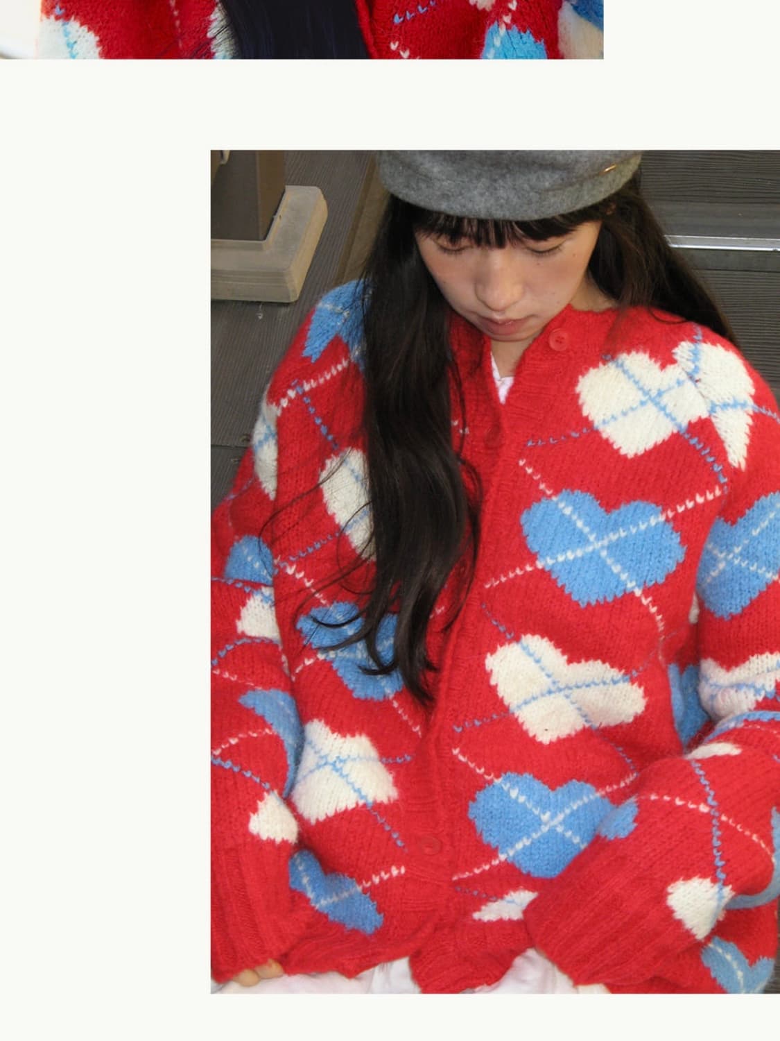 론론 하트 아가일 가디건 레드 상품이미지1