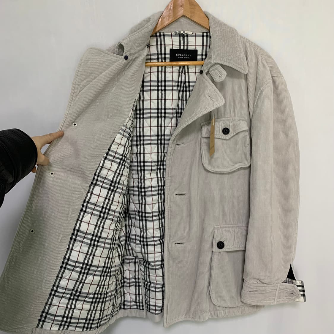 버버리 블루라벨 코듀로이 빈티지 자켓 그레이 아이보리 체크 안감 M 상품이미지5