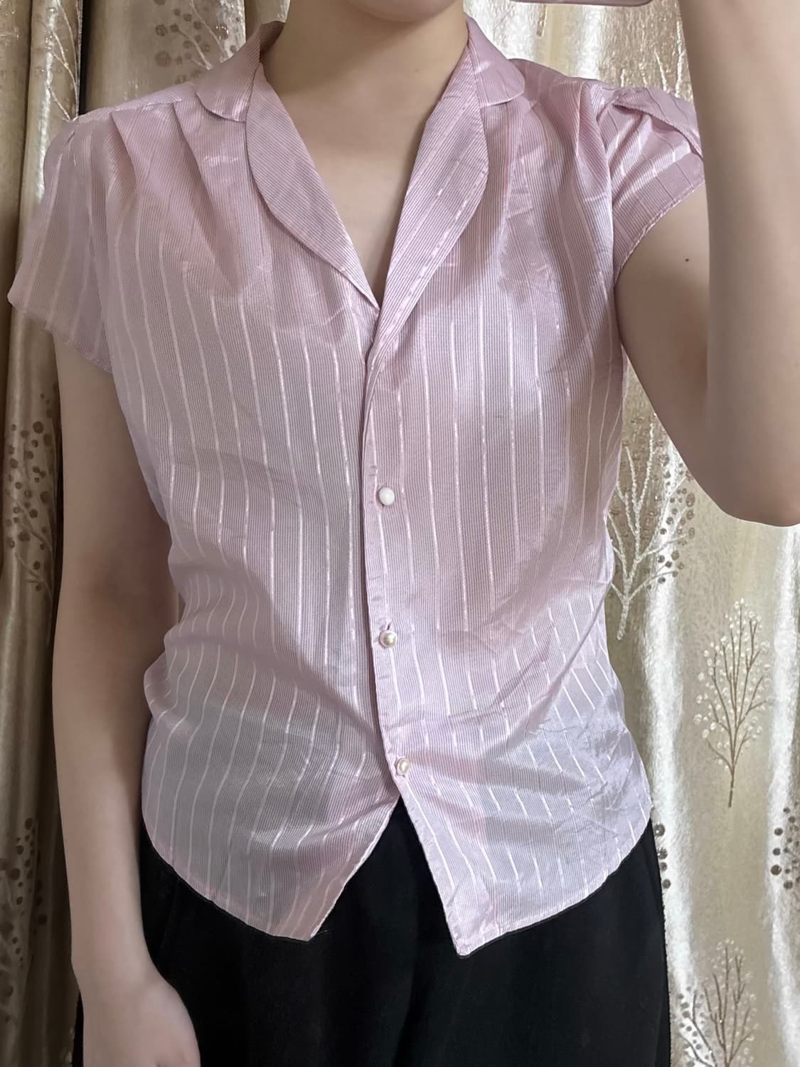 빈티지 실크 반팔 스트라이프 블라우스 상품이미지1