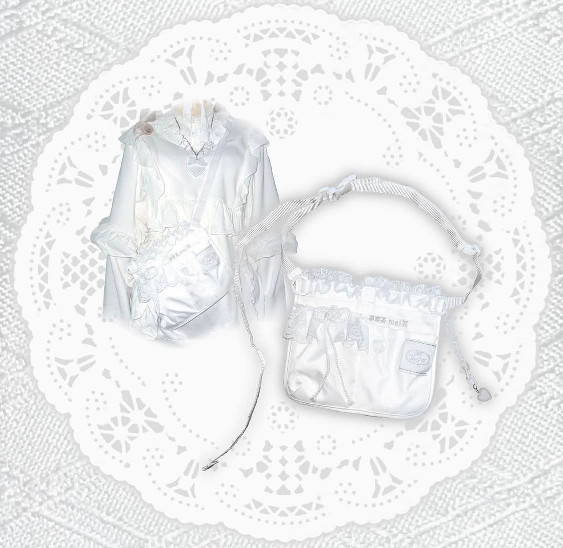 일본 빈티지 서브컬쳐 핸드메이드 레이스 화이트 자수 크로스백 파우치 상품이미지2