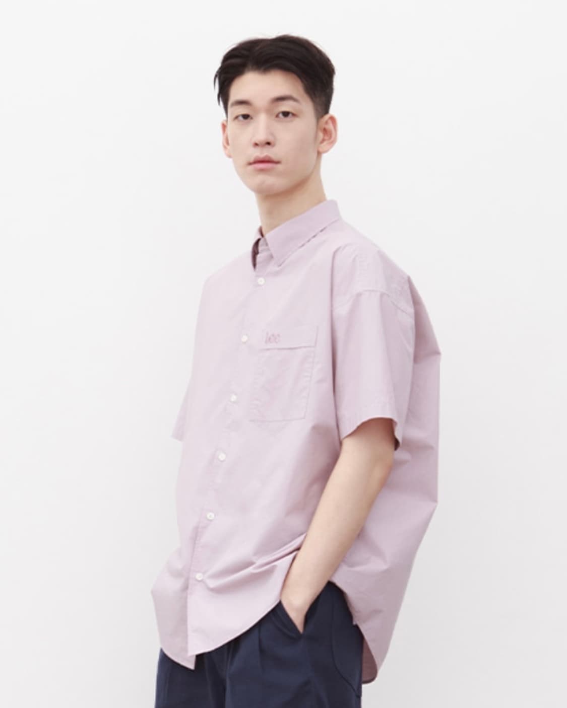[Lee] 리 페이퍼 코튼 오버핏 반팔 셔츠 핑크 상품이미지1