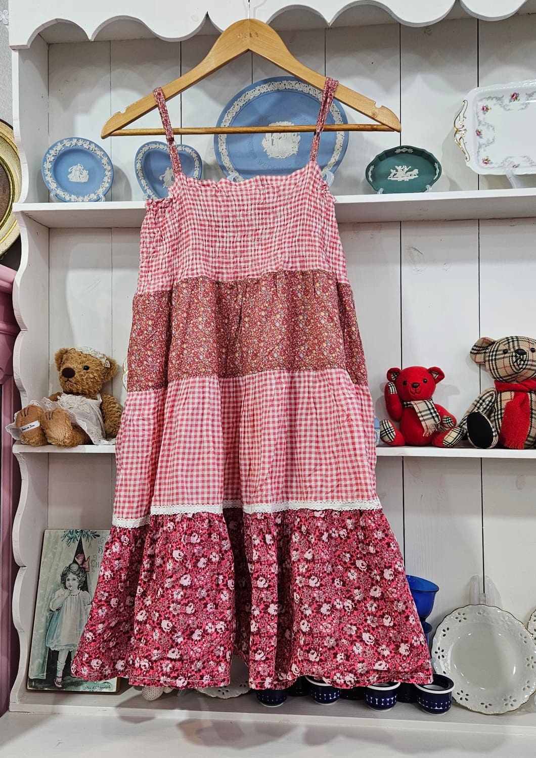 no0327핑크 깅엄 플라워 패치워크 원피스 상품이미지5