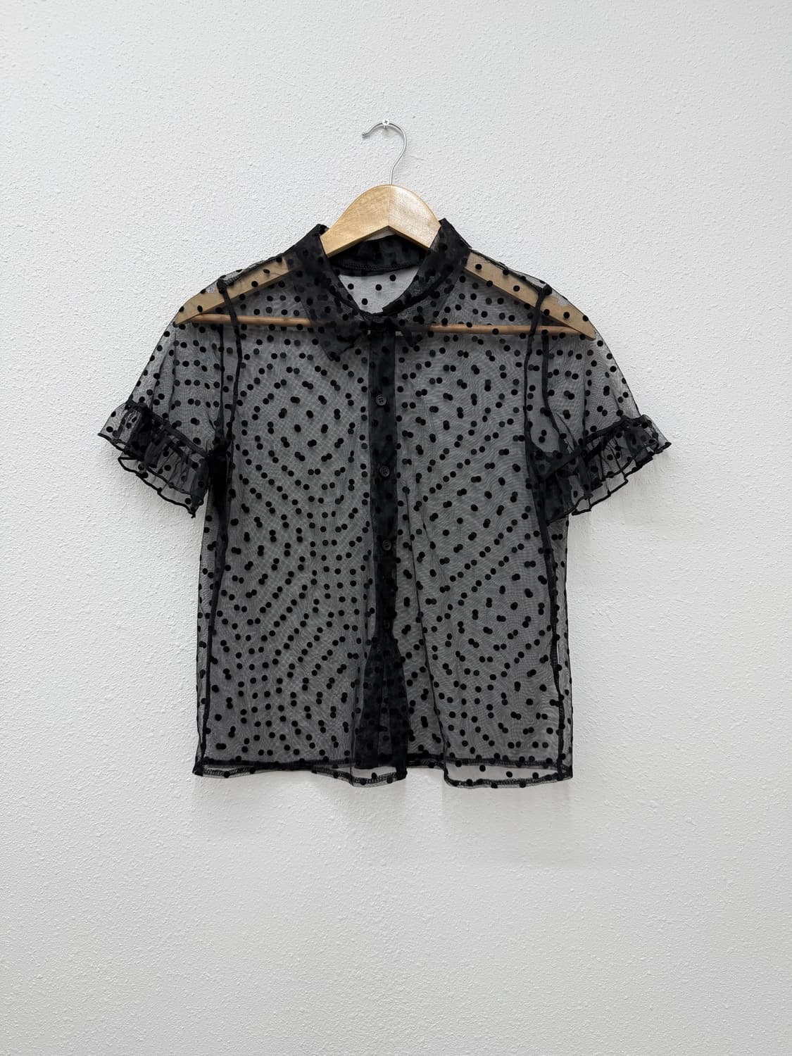 빈티지 블랙 도트 시스루 프릴 레이어드 셔츠 상품이미지1