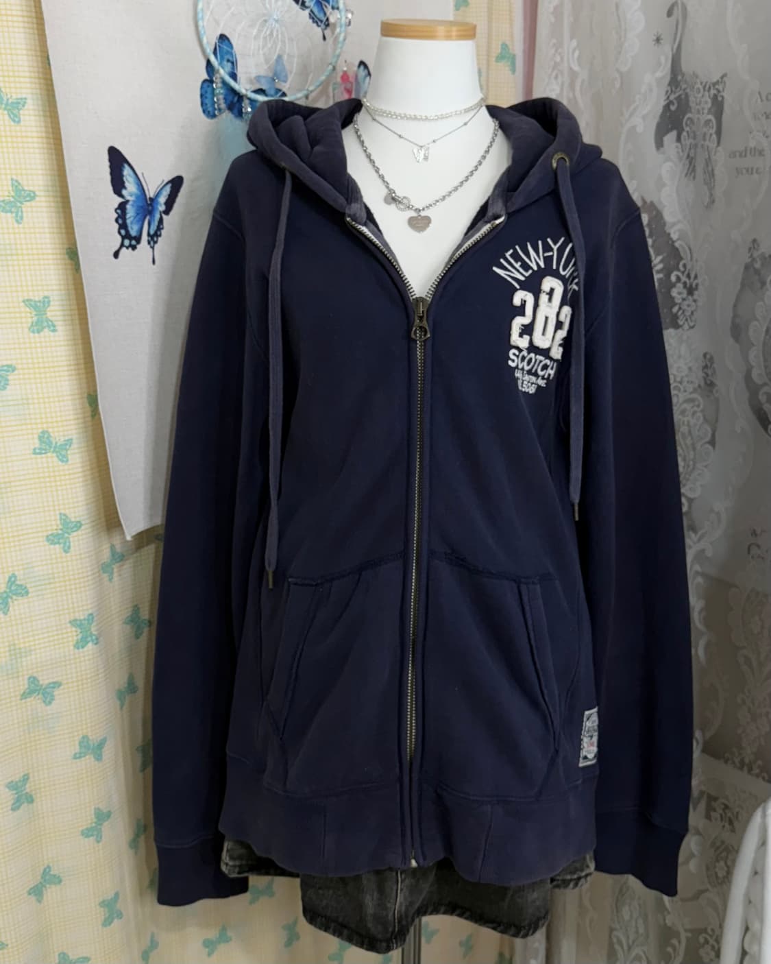 네이비 오버핏 레터링 후드 집업 상품이미지4