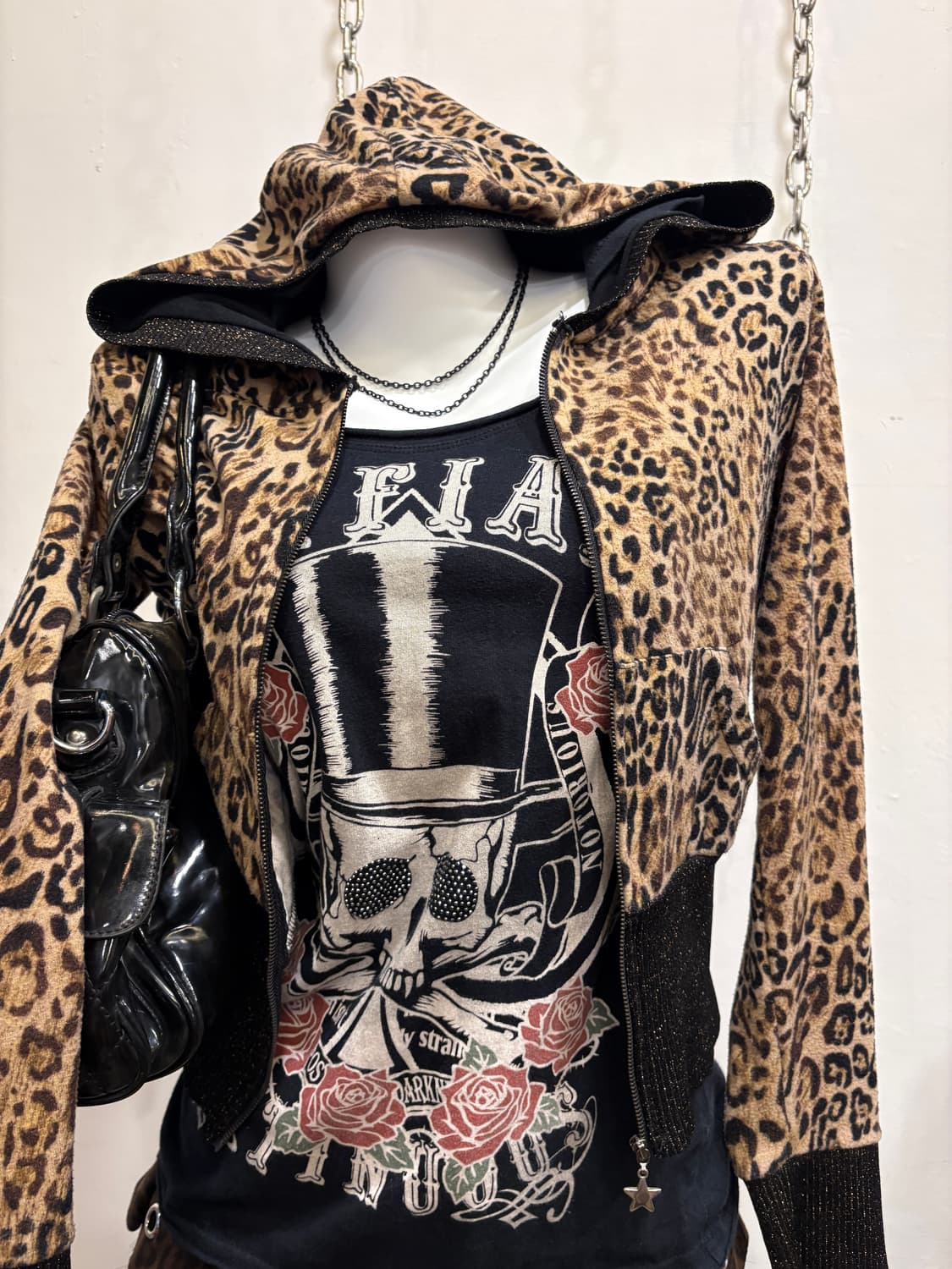 레오파드 패턴 골지 글리터 크롭 후드집업 갸루 y2k 상품이미지1
