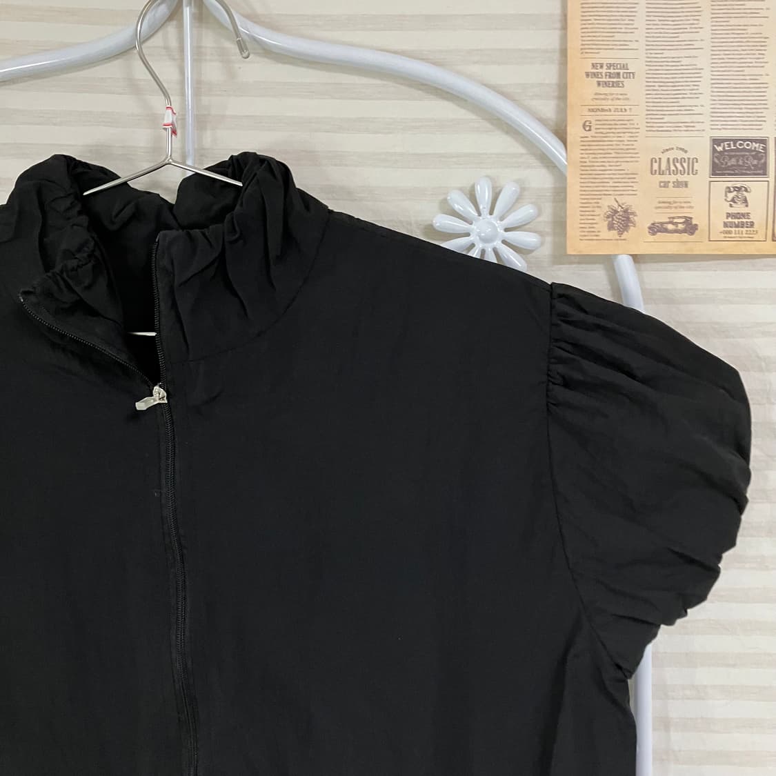 빈티지 블랙 나일론 셔링 집업 반팔 900 y2k 스트릿 모리 갸루 일본 상품이미지3