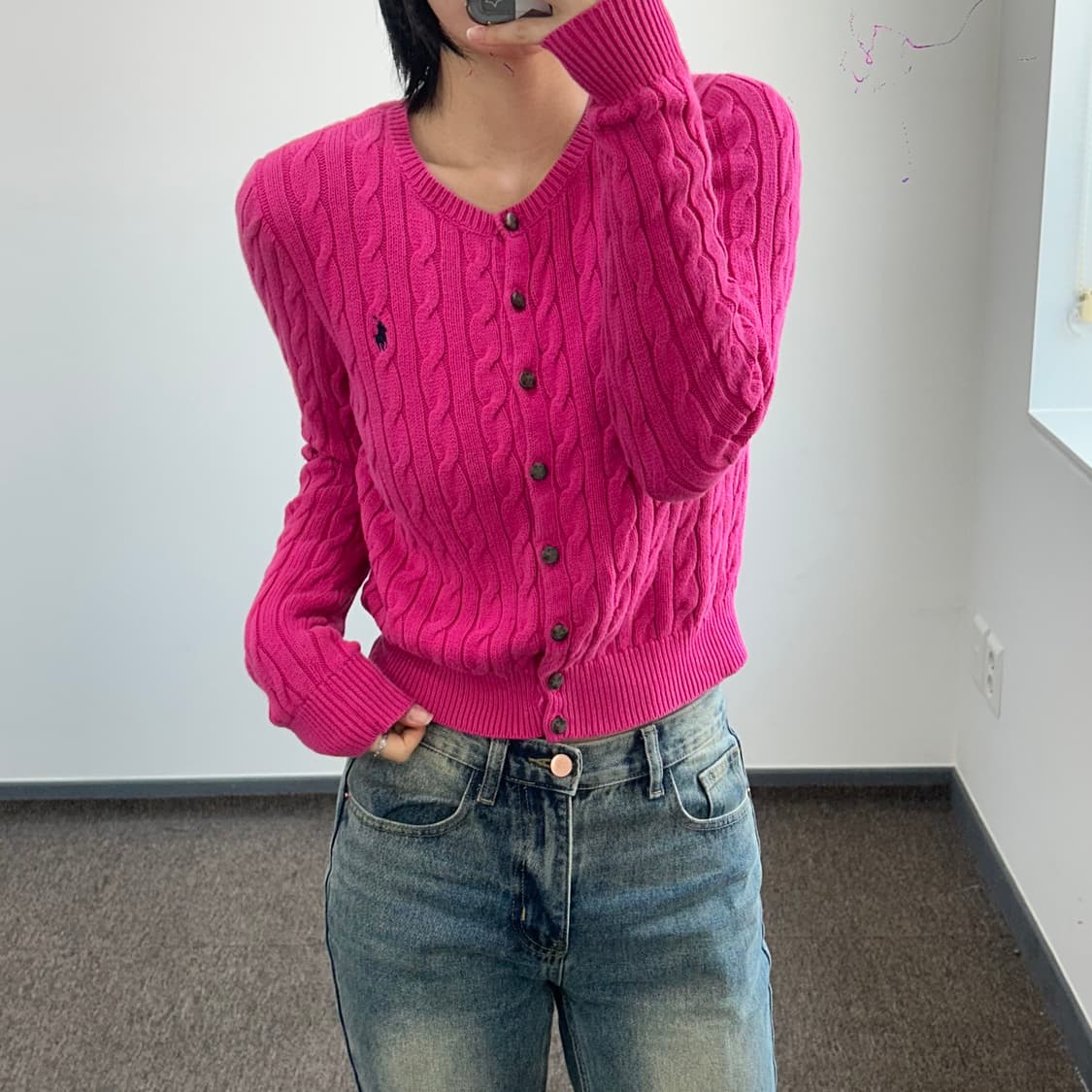 Polo 다크네이비 로고 핑크 케이블 니트 가디건 상품이미지1