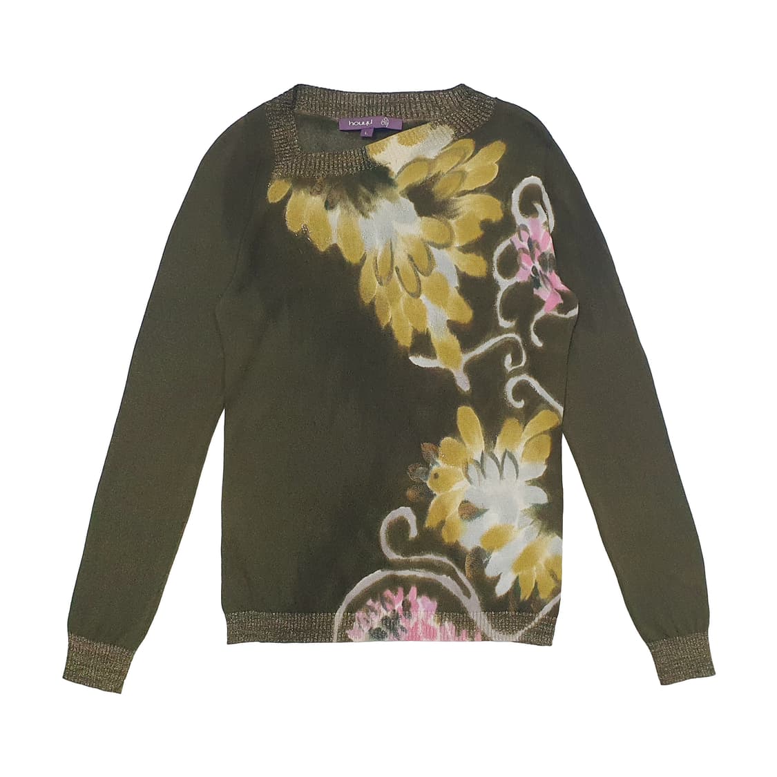 언발 넥 메탈릭 플라워 니트 스웨터 카키 상품이미지2