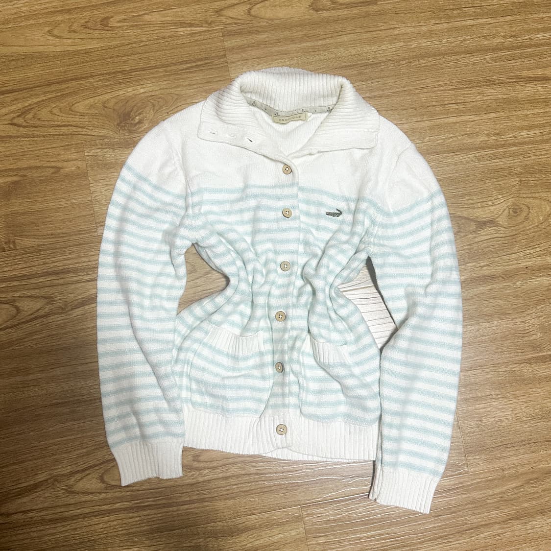 빈티지 하늘색 스트라이프 니트 나무단추 모리걸 아오이유우 히메갸루 로걀 상품이미지1