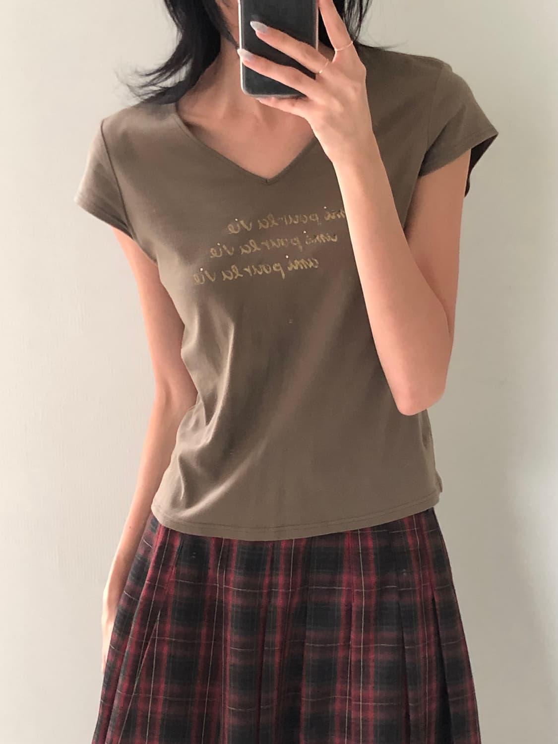 일본빈티지 카키 브이넥 숏반팔 상품이미지1