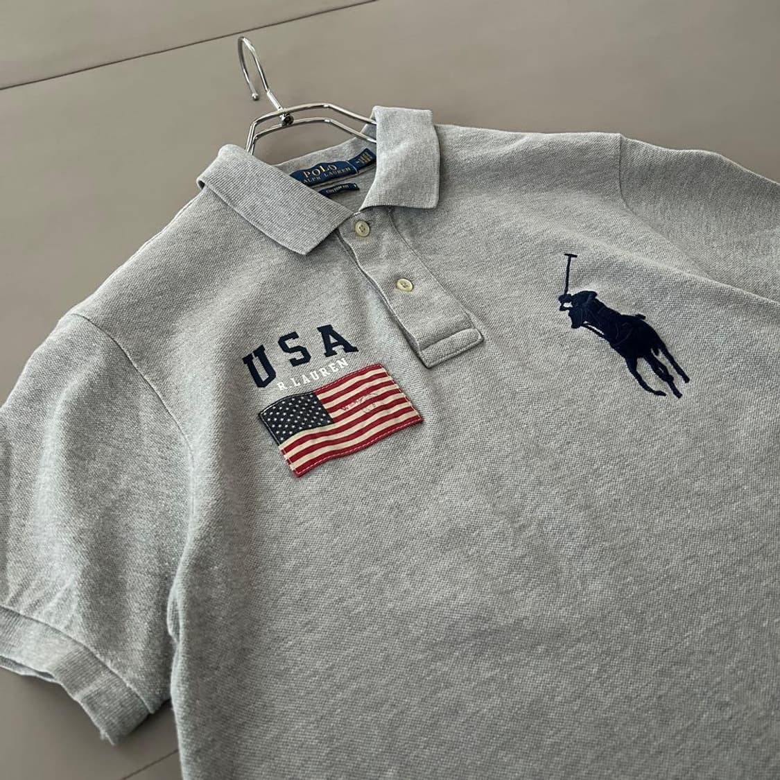 폴로 랄프 로렌 빅포니 USA 성조기 패치 반팔 카라티 그레이 상품이미지2