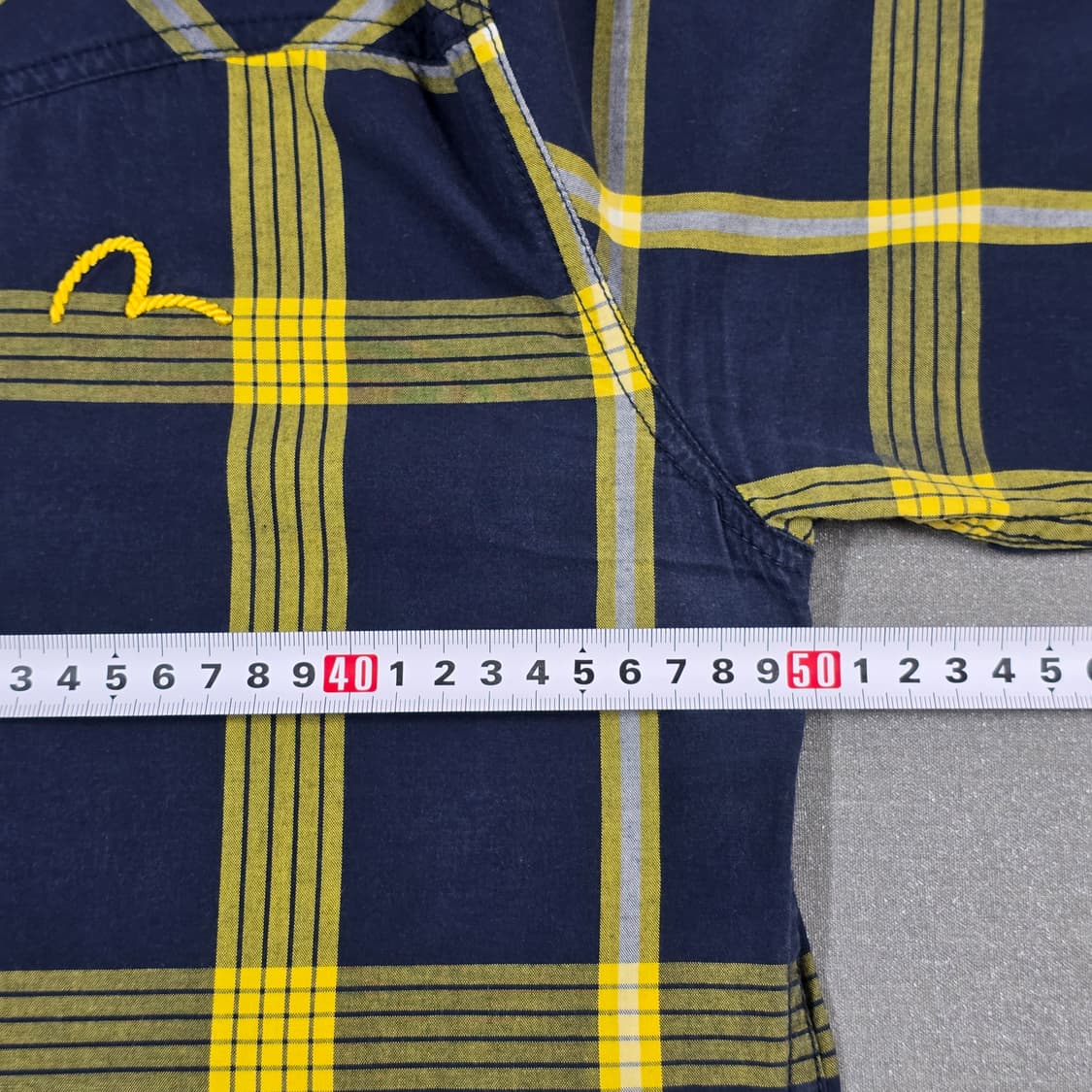 M/L 95 에비수 자수로고 네이비 옐로우 체크 셔츠 상품이미지7