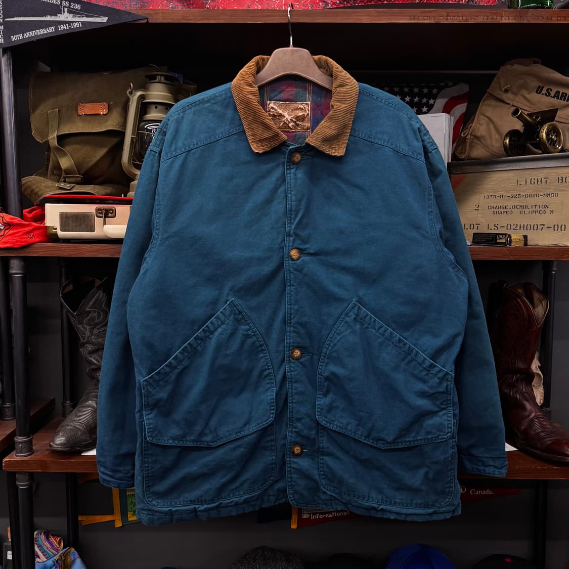 80s USA 헤비 캔버스 체크 라이닝 워크 헌팅 초어 자켓 청록 상품이미지1