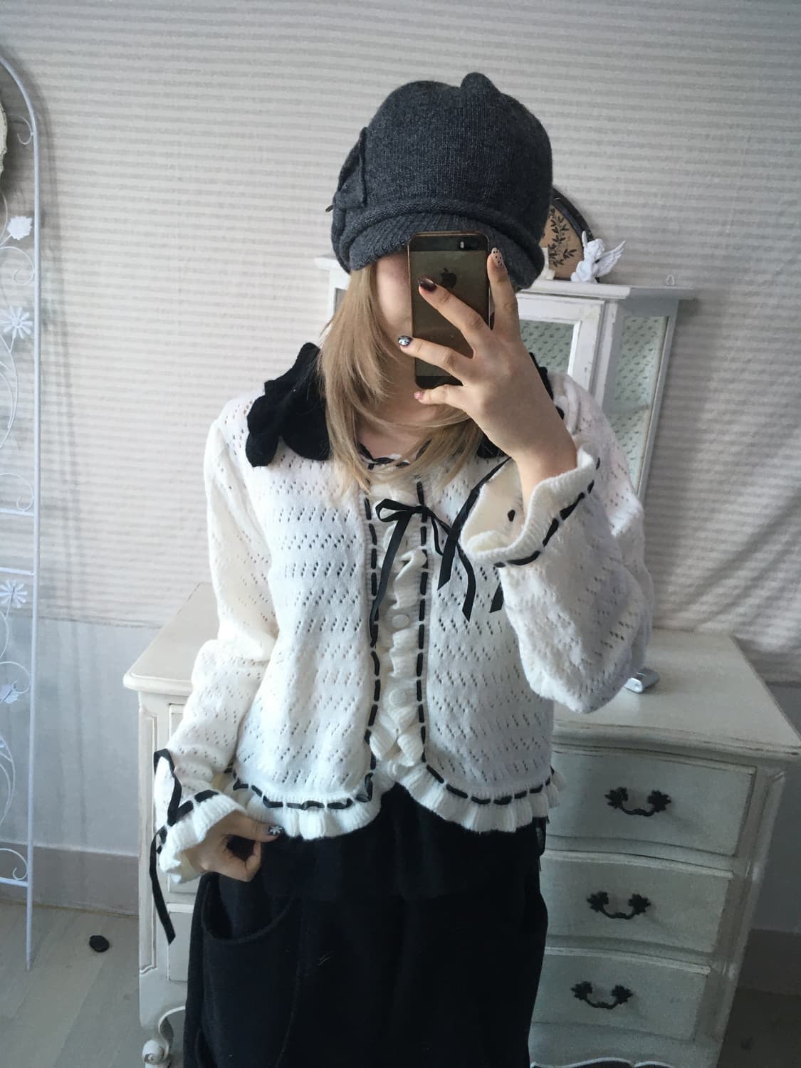 일본빈티지 고스로리 프릴 아이렛 니트 가디건 상품이미지4