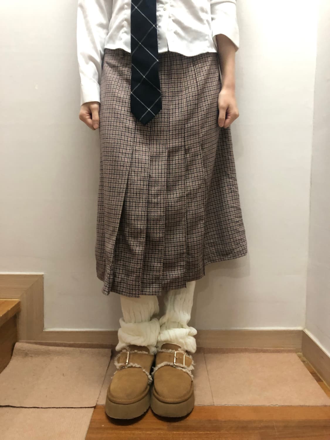 빈티지 브라운 핑크 체크 울 스커트 상품이미지3