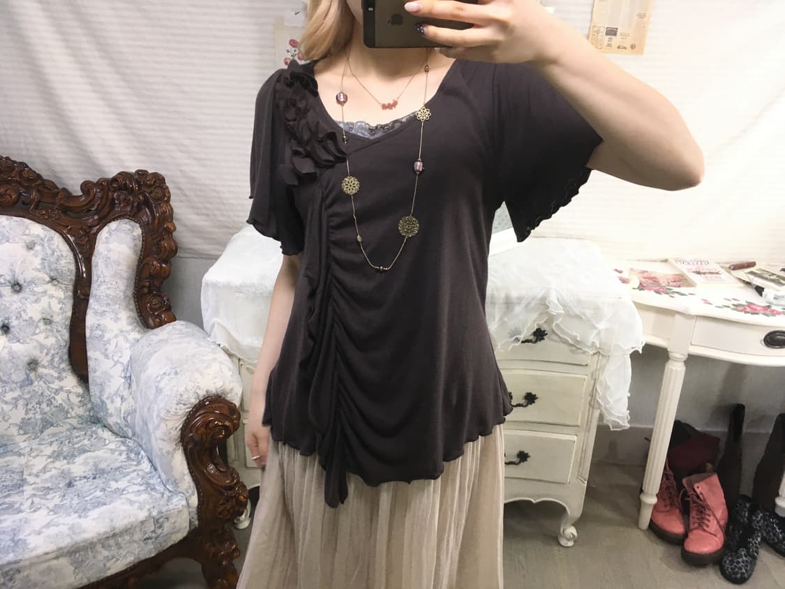 빈티지 아카이브 브라운 셔링 반팔 블라우스 상품이미지5