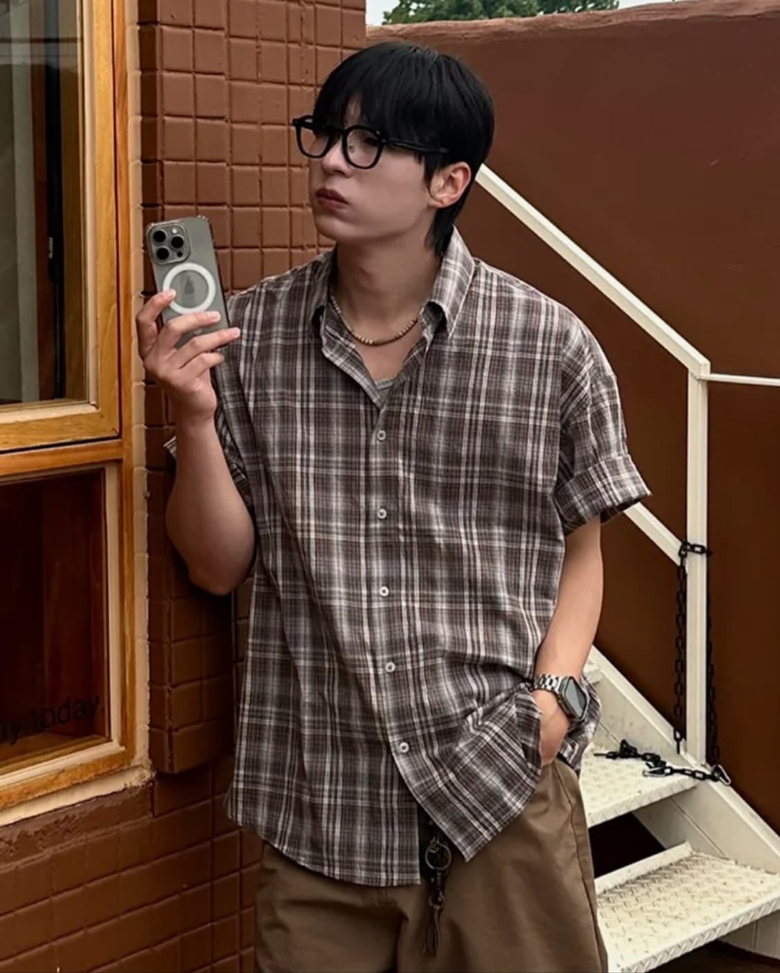 르아르 링클 시어서커 체크 반팔 셔츠 L 상품이미지1