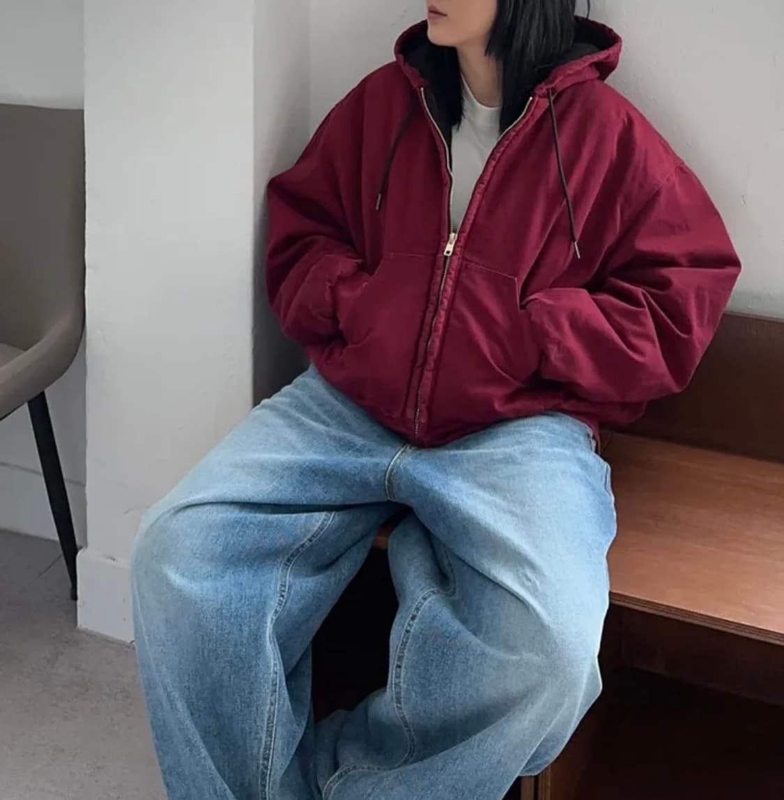 (남여 공용)새상품 빈티지 레드 패딩 후드 집업 상품이미지3