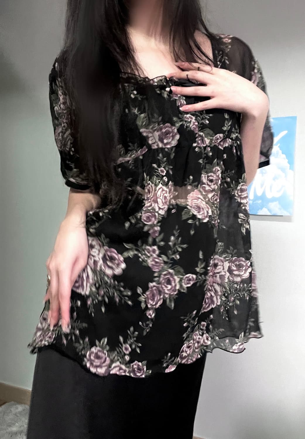 블랙 엔틱 고딕 로즈 장미 프릴 레이스 셔링 쉬폰 블라우스 상품이미지5