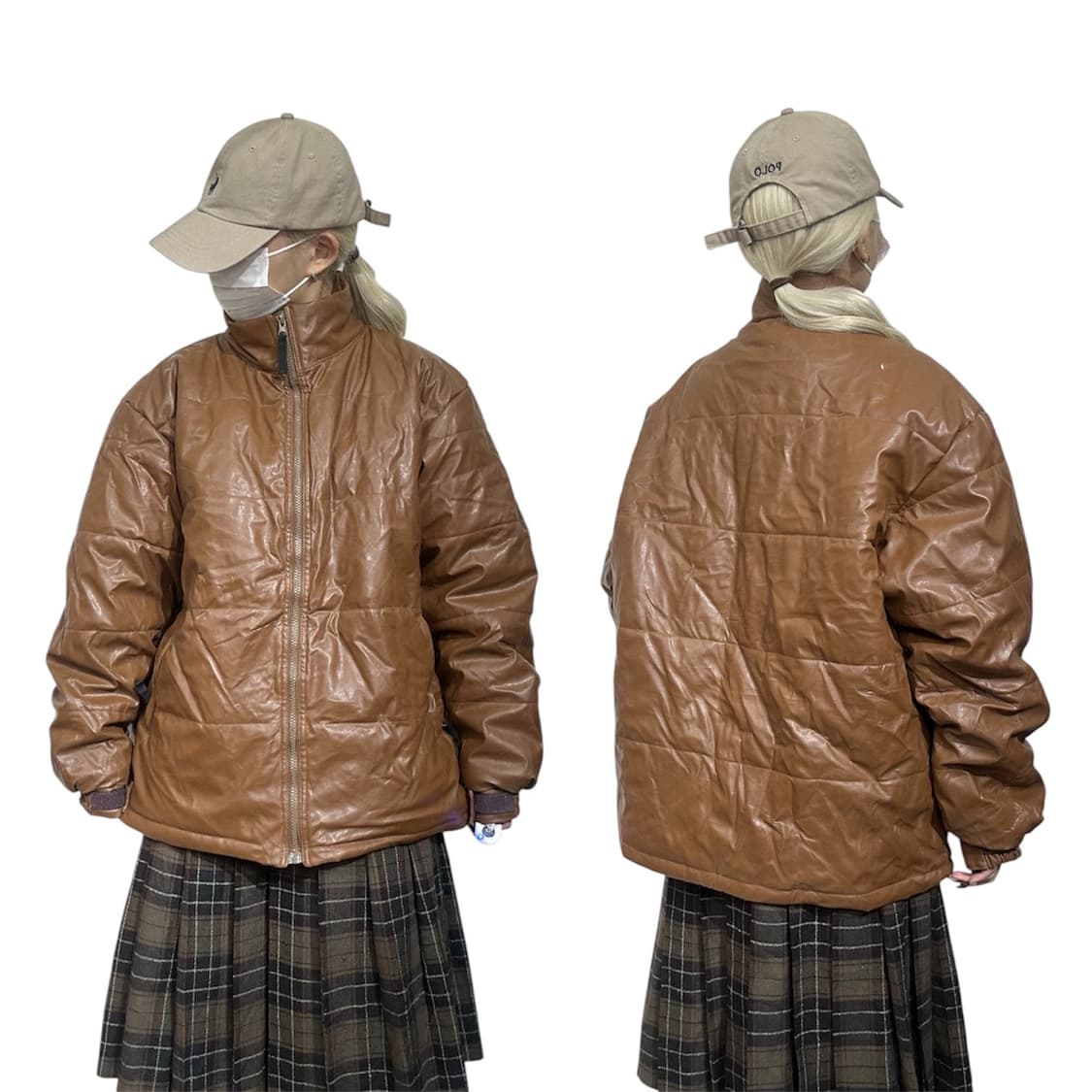 일본 빈티지 브라운 레더 비건 레더 푸퍼 패딩 M 상품이미지1