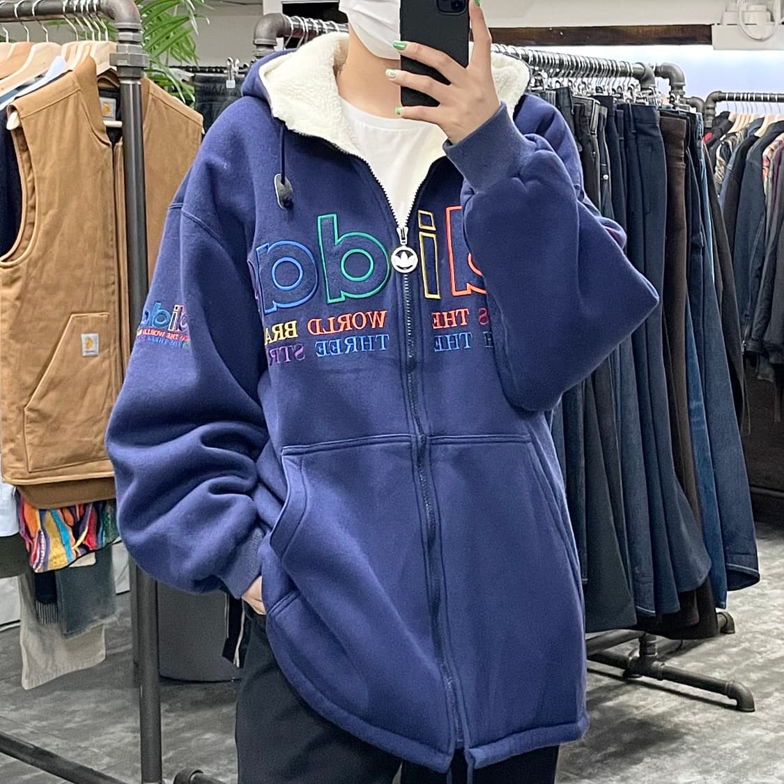 아디다스 블루 레인보우 빅로고 양털 후드집업 상품이미지1