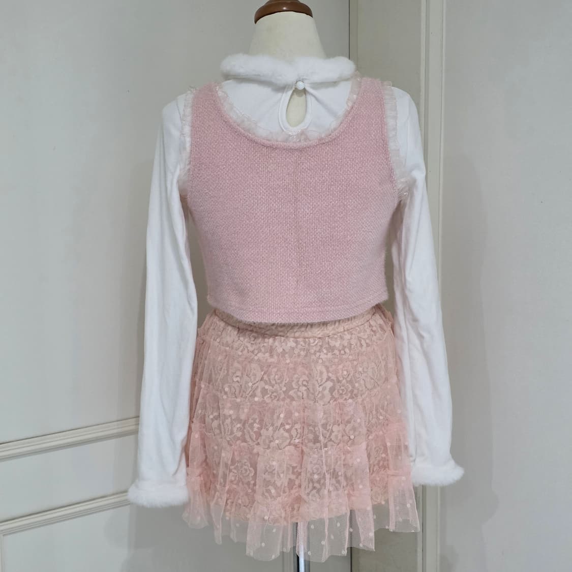 빈티지) 히메갸루st 핑크로리타 레이스 리본조끼+하트 퍼 긴팔 세트 상품이미지4