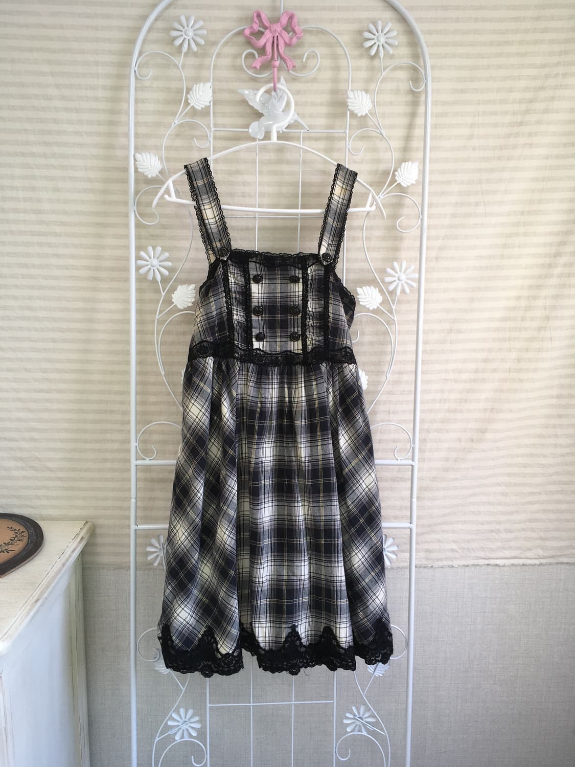 jpn vintage 네이비 체크 블랙 레이스 나시 원피스 y2k 스트릿 상품이미지1