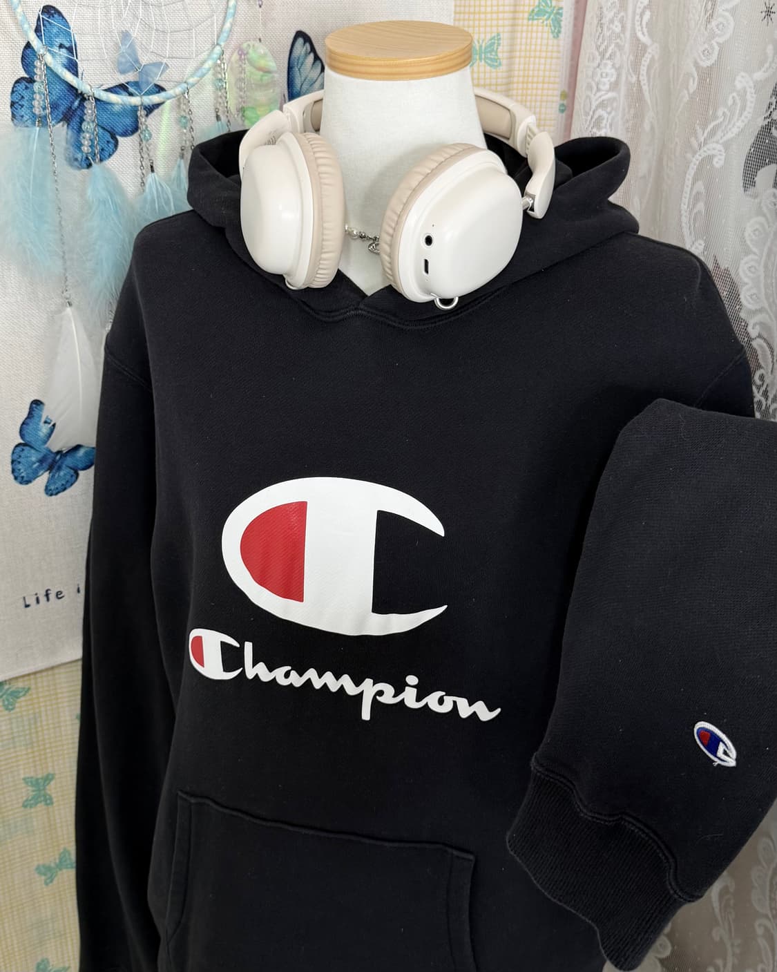 챔피온 블랙 오버핏 후드 티셔츠 상품이미지5