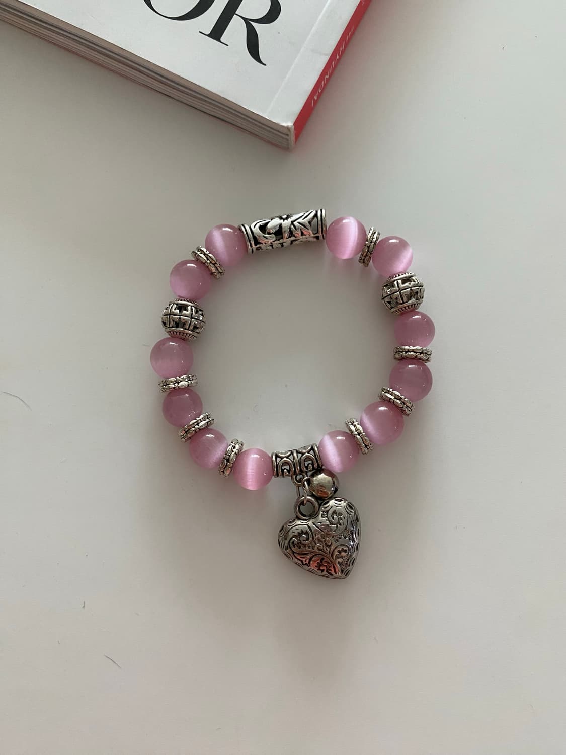 핑크 캣츠아이 비즈 하트 참 팔찌 상품이미지2