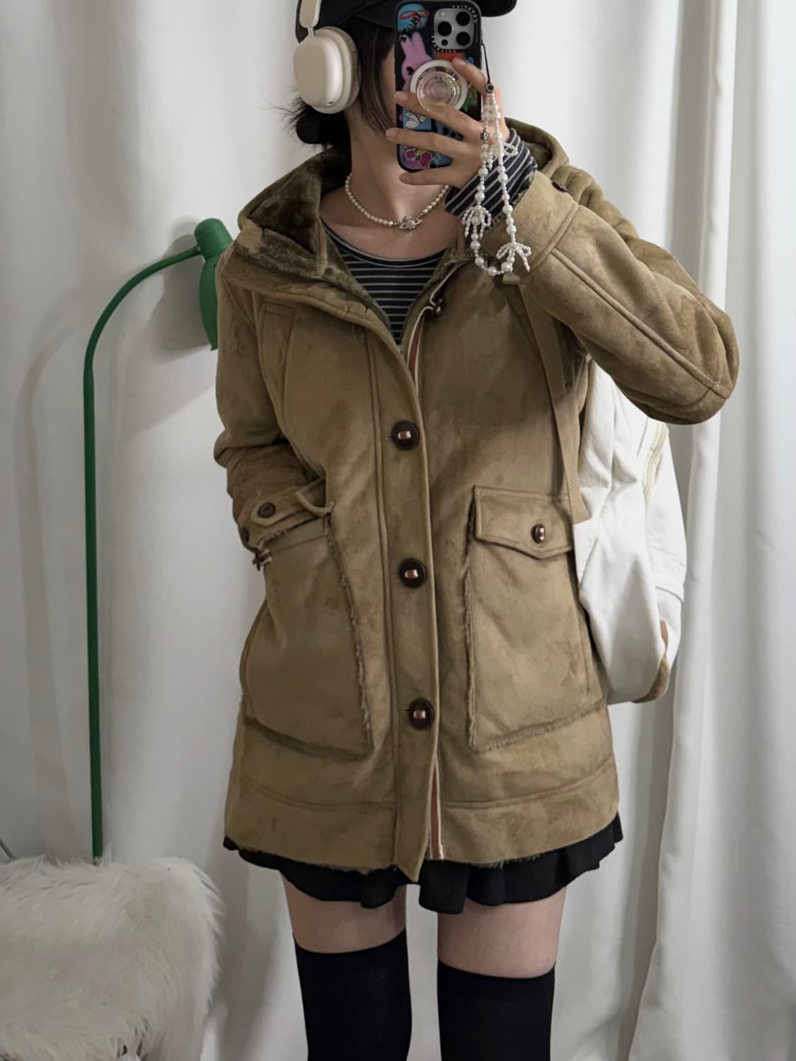 베이지 무스탕 후드 자켓 상품이미지4