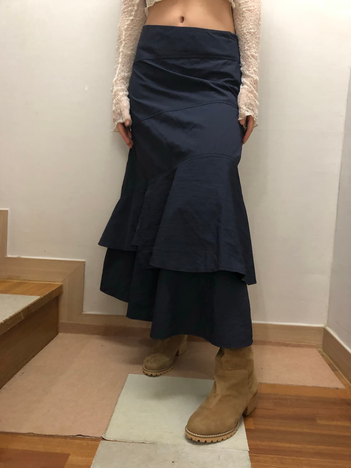 빈티지 네이비 러플 롱 스커트 상품이미지5
