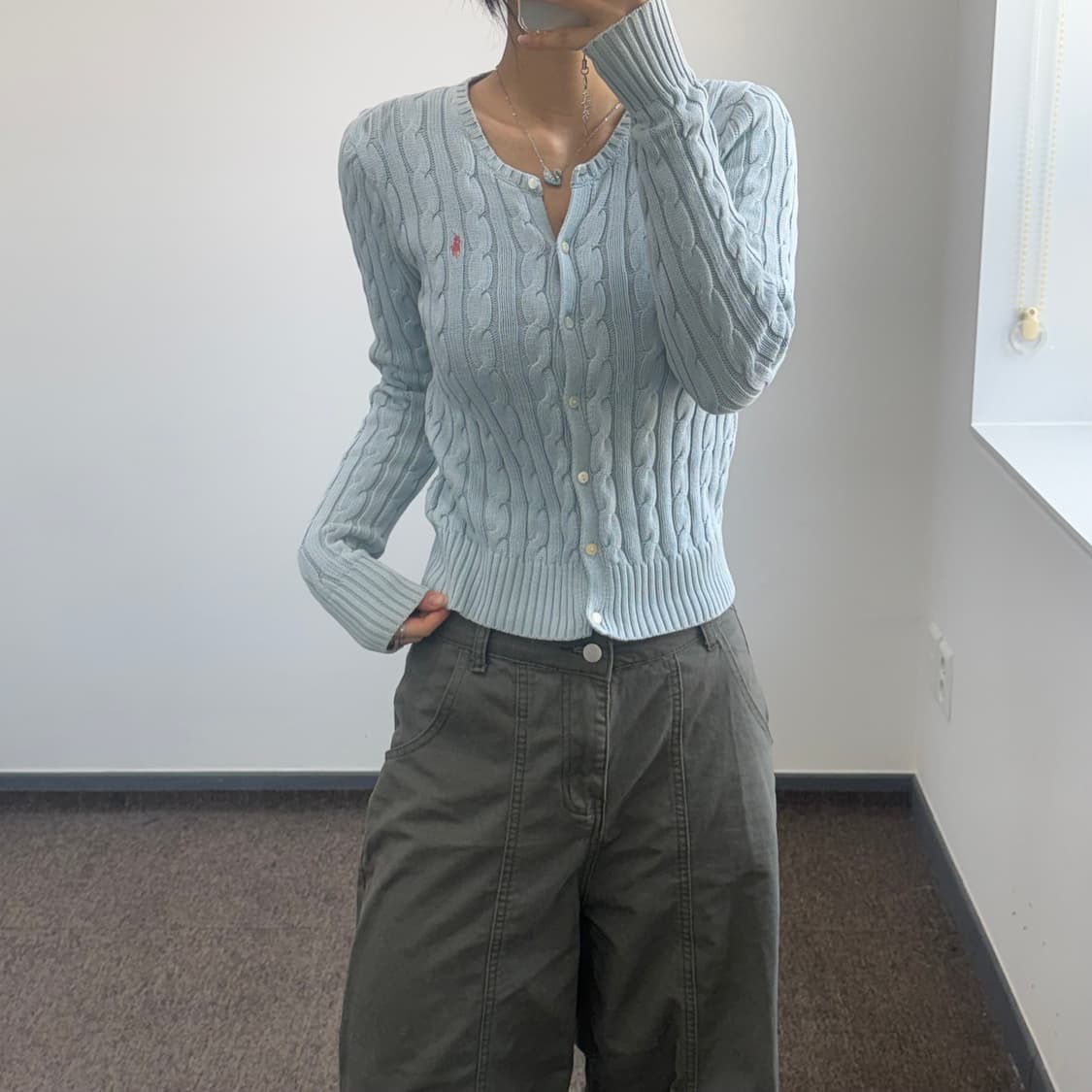 Polo 폴로 핑크 포니 라이트 블루 케이블 니트 가디건 상품이미지1