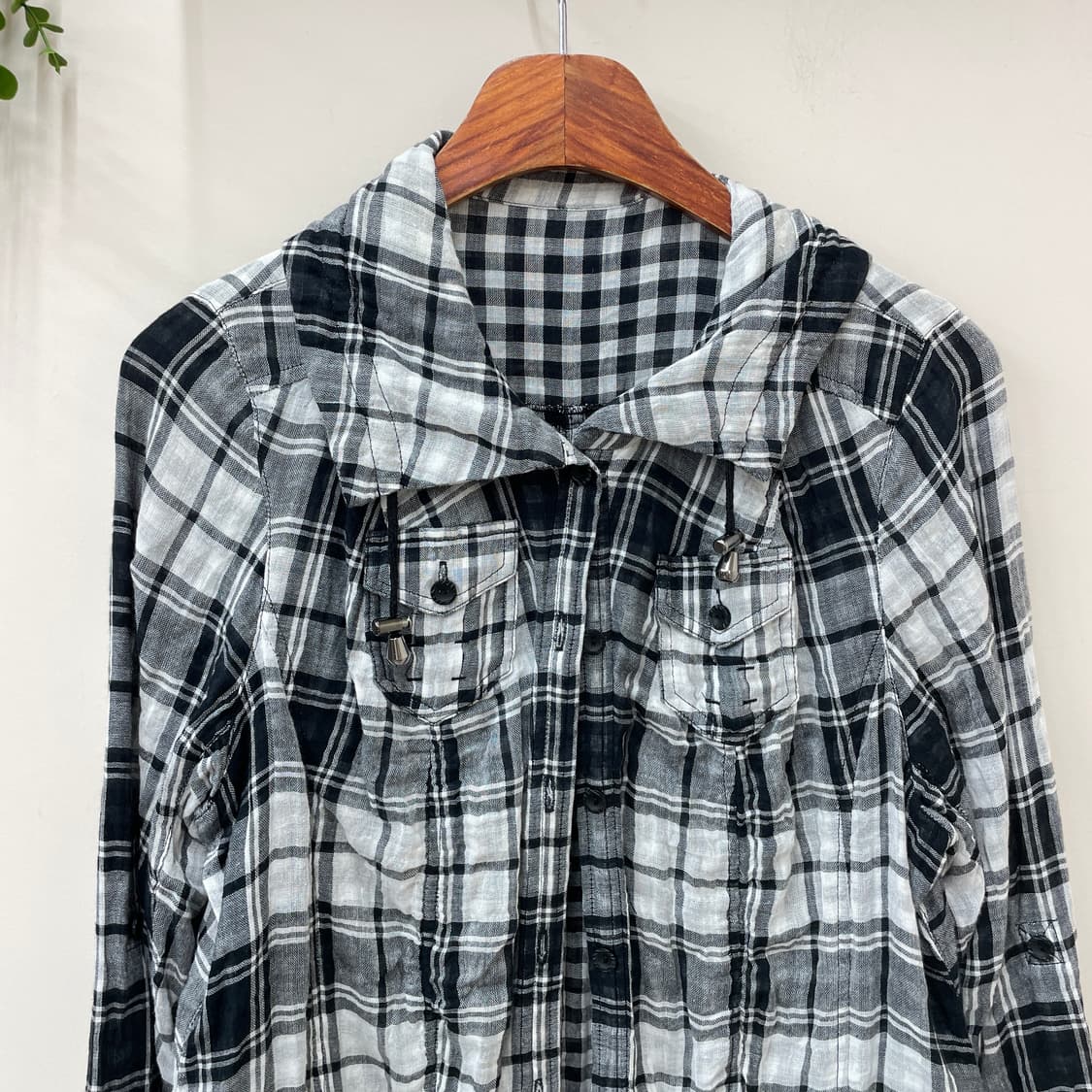 체크 패턴 허리 스트링 롱 셔츠 상품이미지3