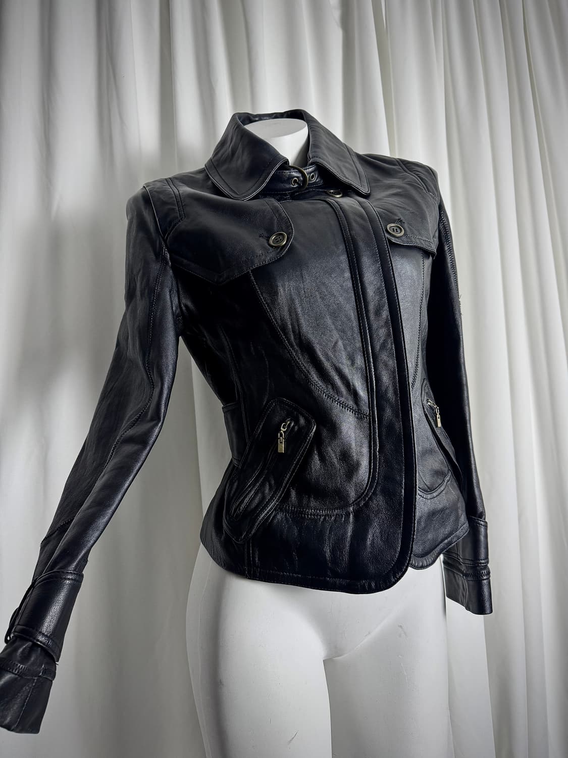 Black leather collared jacket 상품이미지3