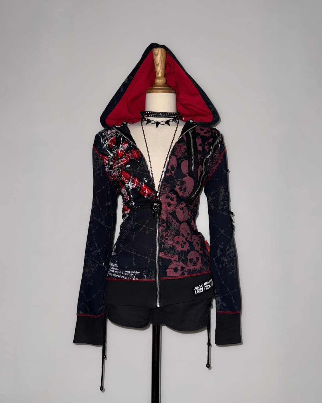 매드펑크 레드블랙 펑크 해골 후드집업 상품이미지1