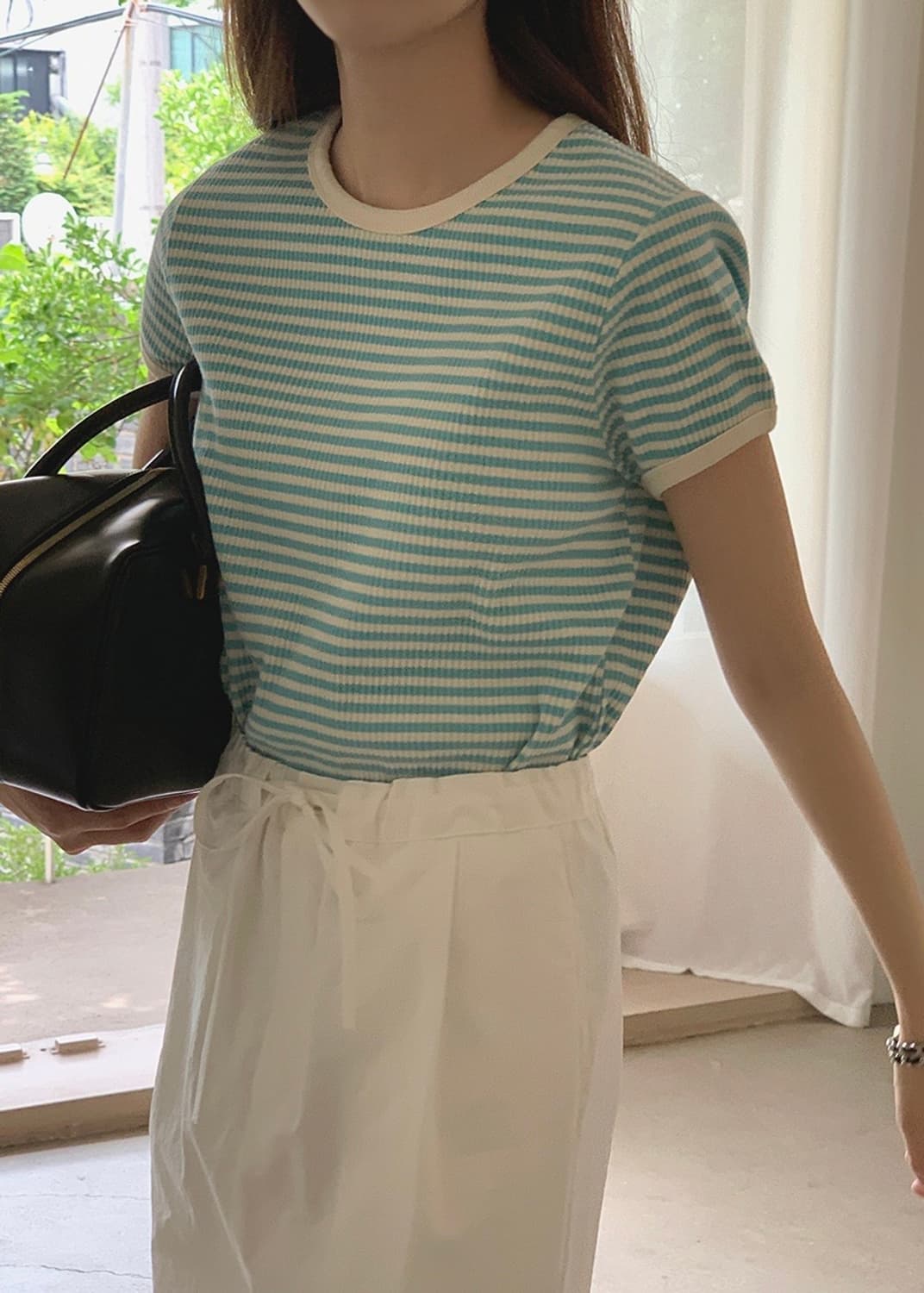 메이비베이비 Capri 티셔츠 스카이블루 반팔 스트라이프 링거티 카프리 상품이미지1