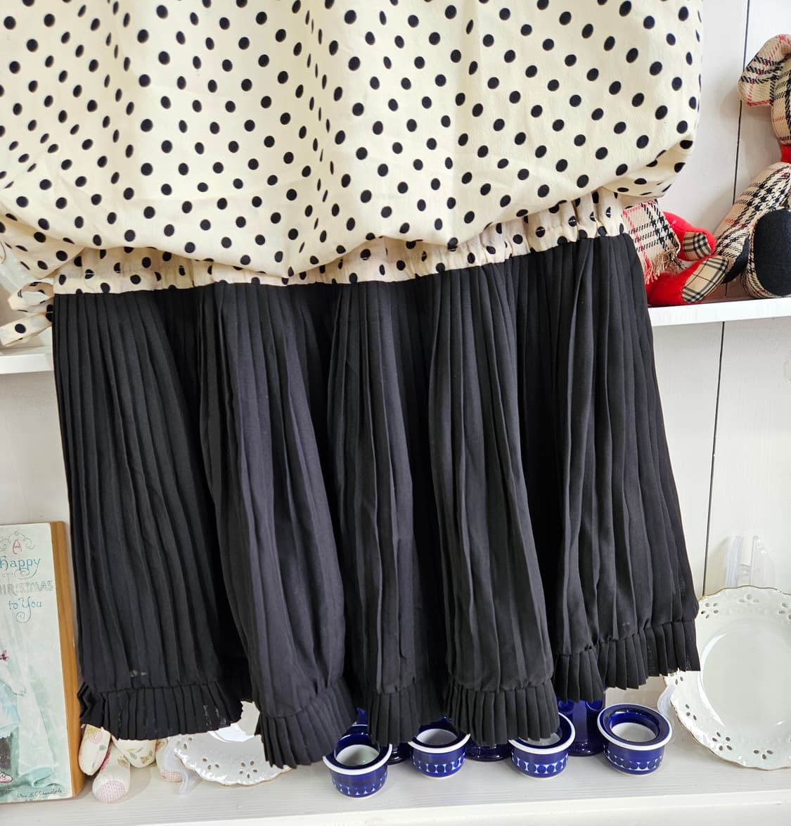 도트 플리츠 배색 원피스 상품이미지7