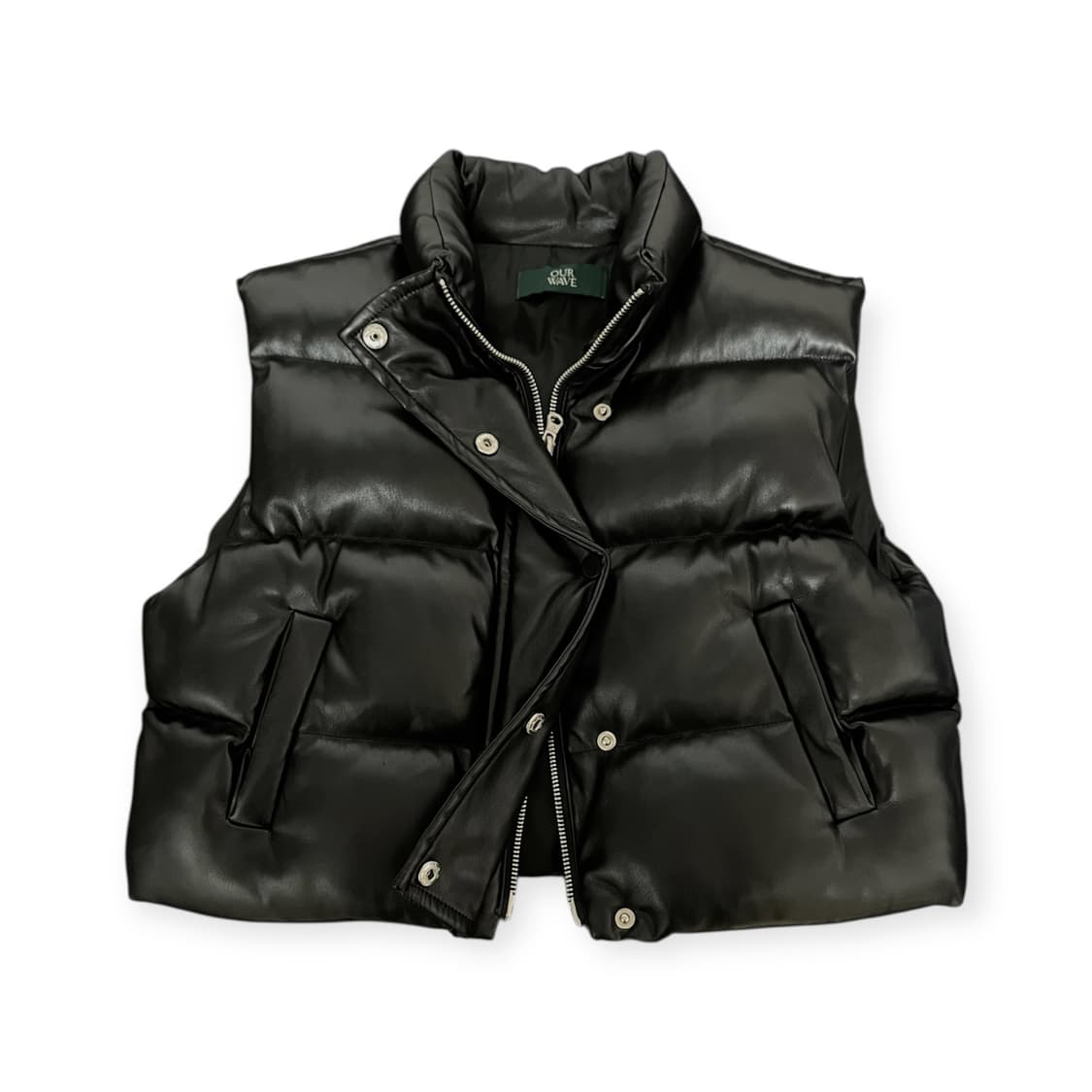 OURWAVE 블랙 유광 투웨이 크롭 조끼 패딩 상품이미지1
