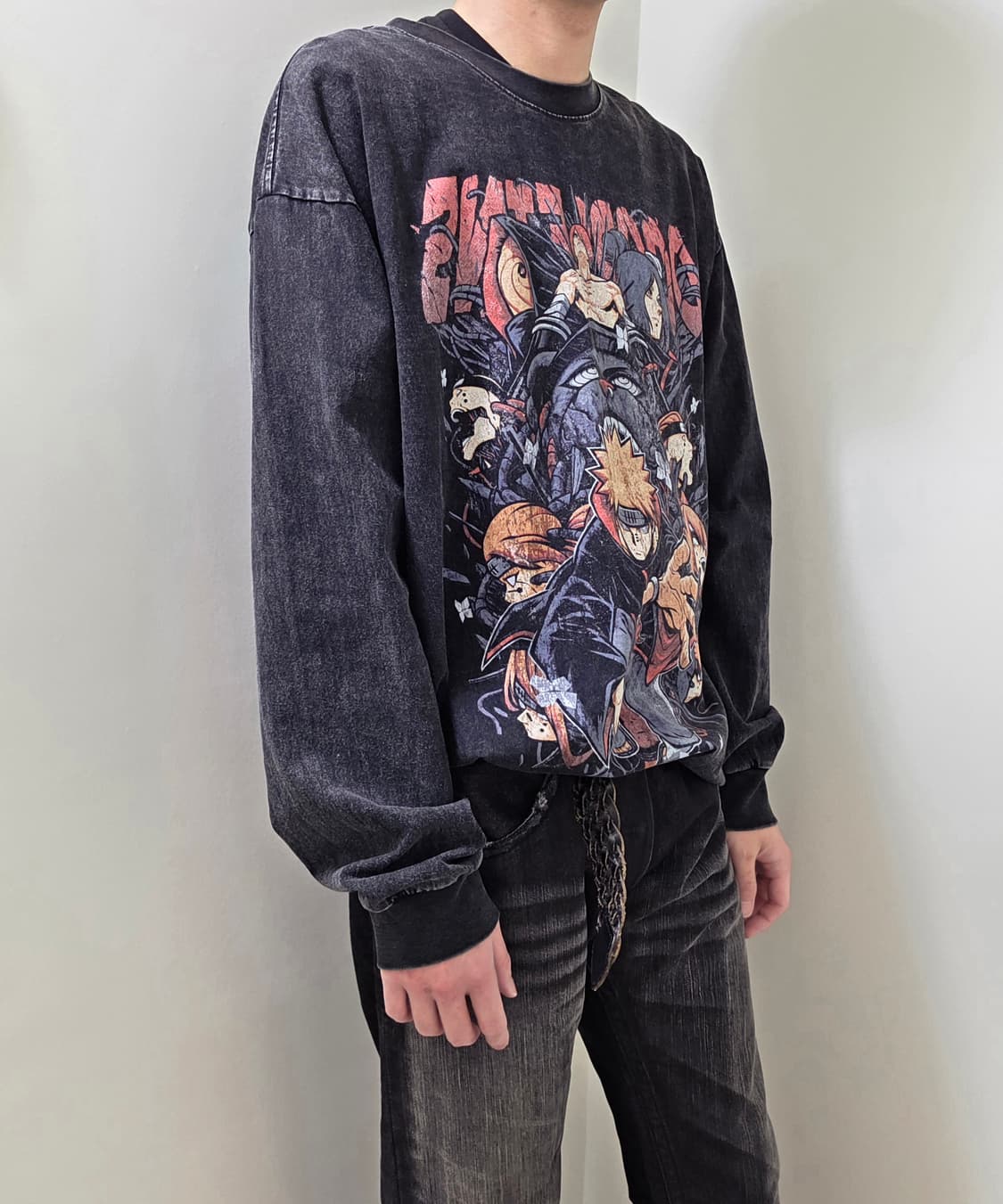 LIANGXILIN 블랙 원워싱 프린트 롱 슬리브 티셔츠 상품이미지3