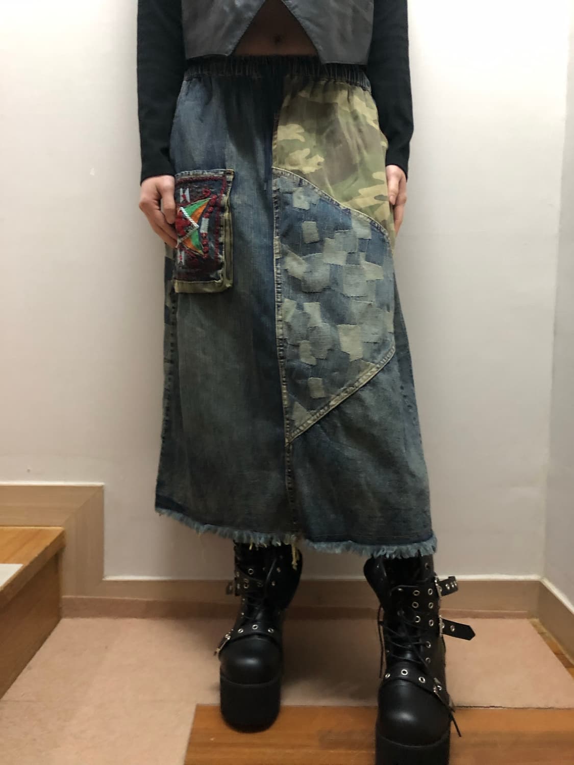 빈티지 데님 카모 패치워크 롱 스커트 상품이미지3