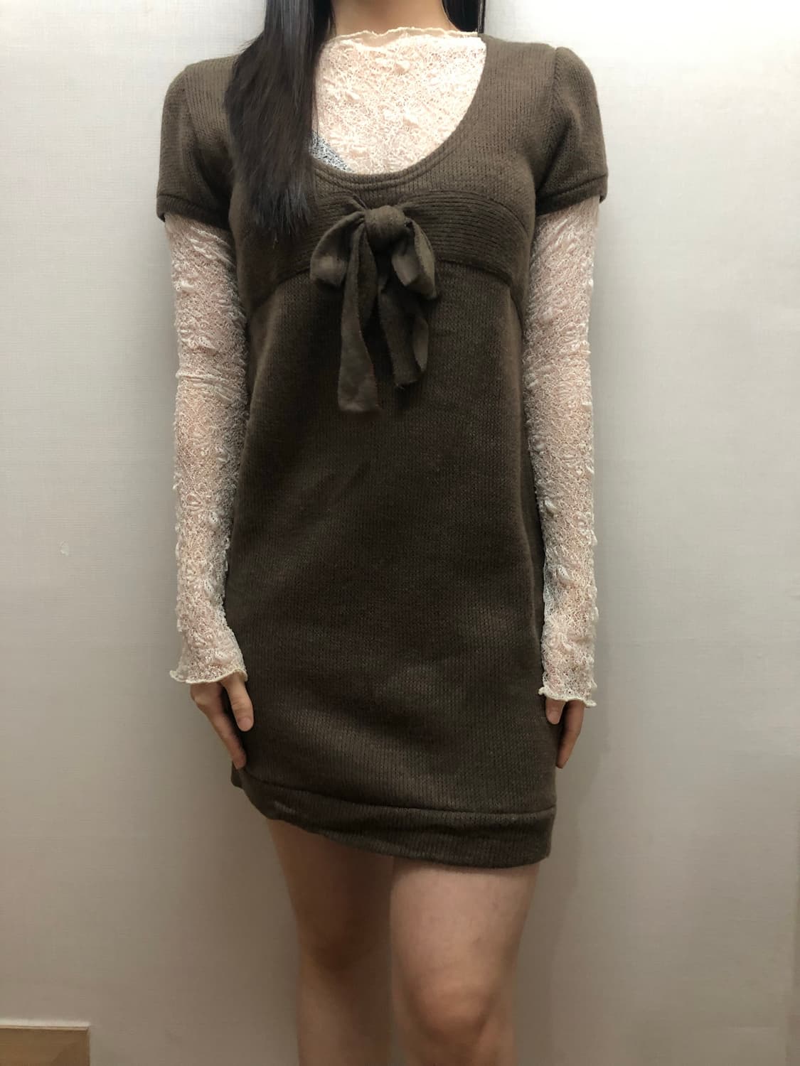 빈티지 브라운 리본 니트 원피스 상품이미지3
