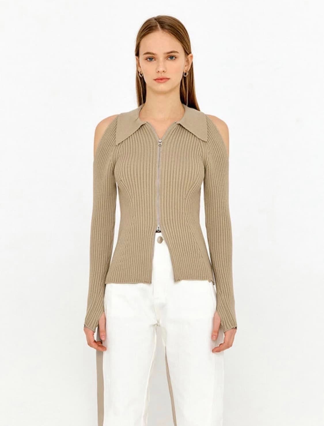 Shoulder cut out two way zip-up knit top 상품이미지1