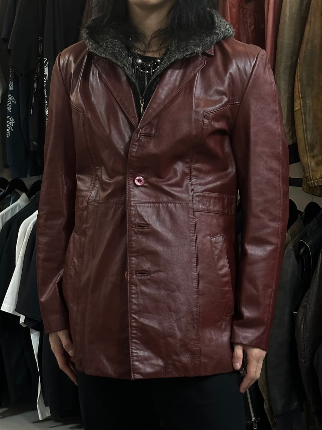 80's 빈티지 버건디 레더 자켓 레더 블레이저 카코트 상품이미지10