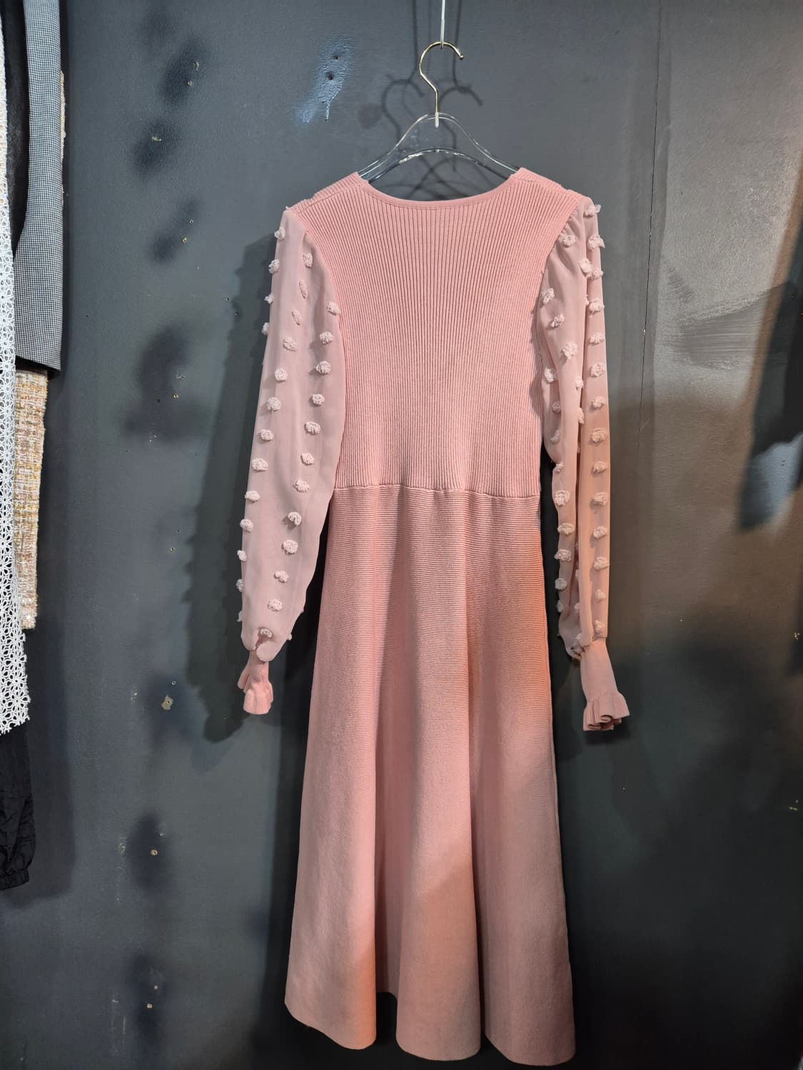 핑크 니트 롱 원피스 시스루 도트 소매 S 상품이미지2