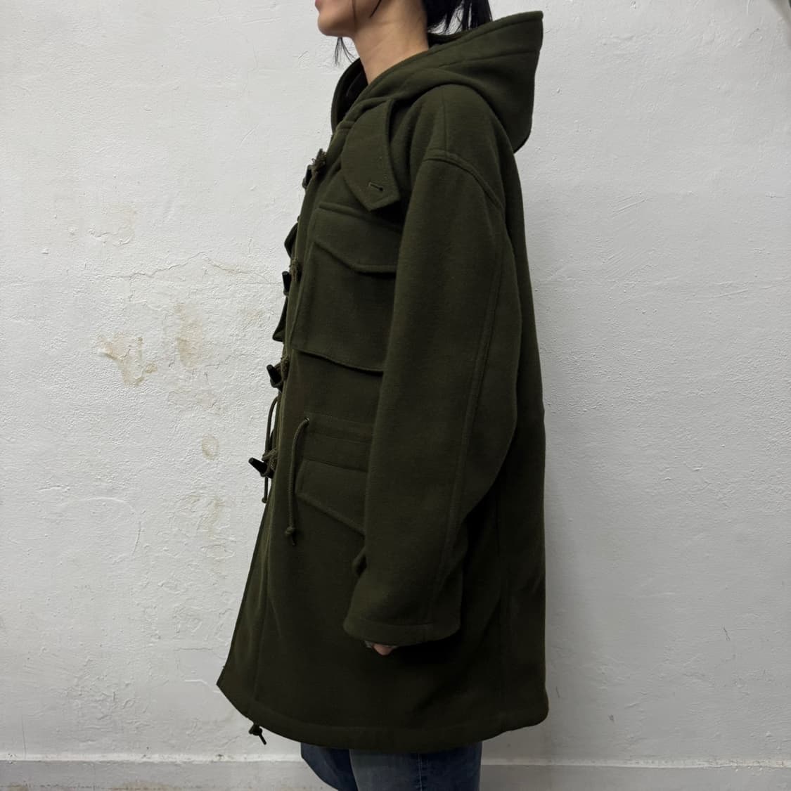 빔즈(BEAMS) 다크그린컬러 폴리 레이온 혼방 빅실루엣 후드 더플 코트 상품이미지2