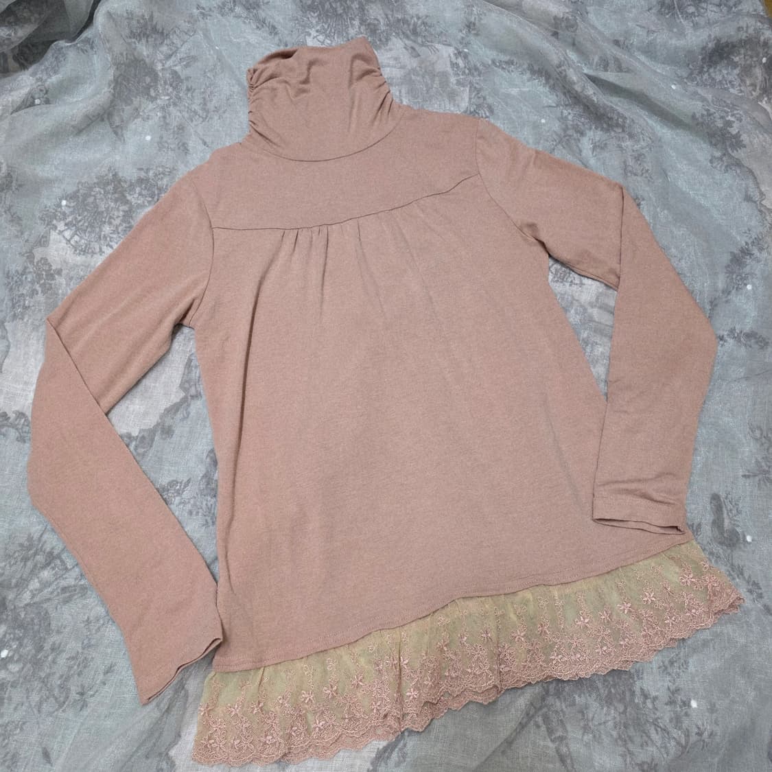 빈티지 엑시즈팜깔페어리 하구미 모리 레이스 셔링 목폴라 이너 티셔츠 상품이미지1