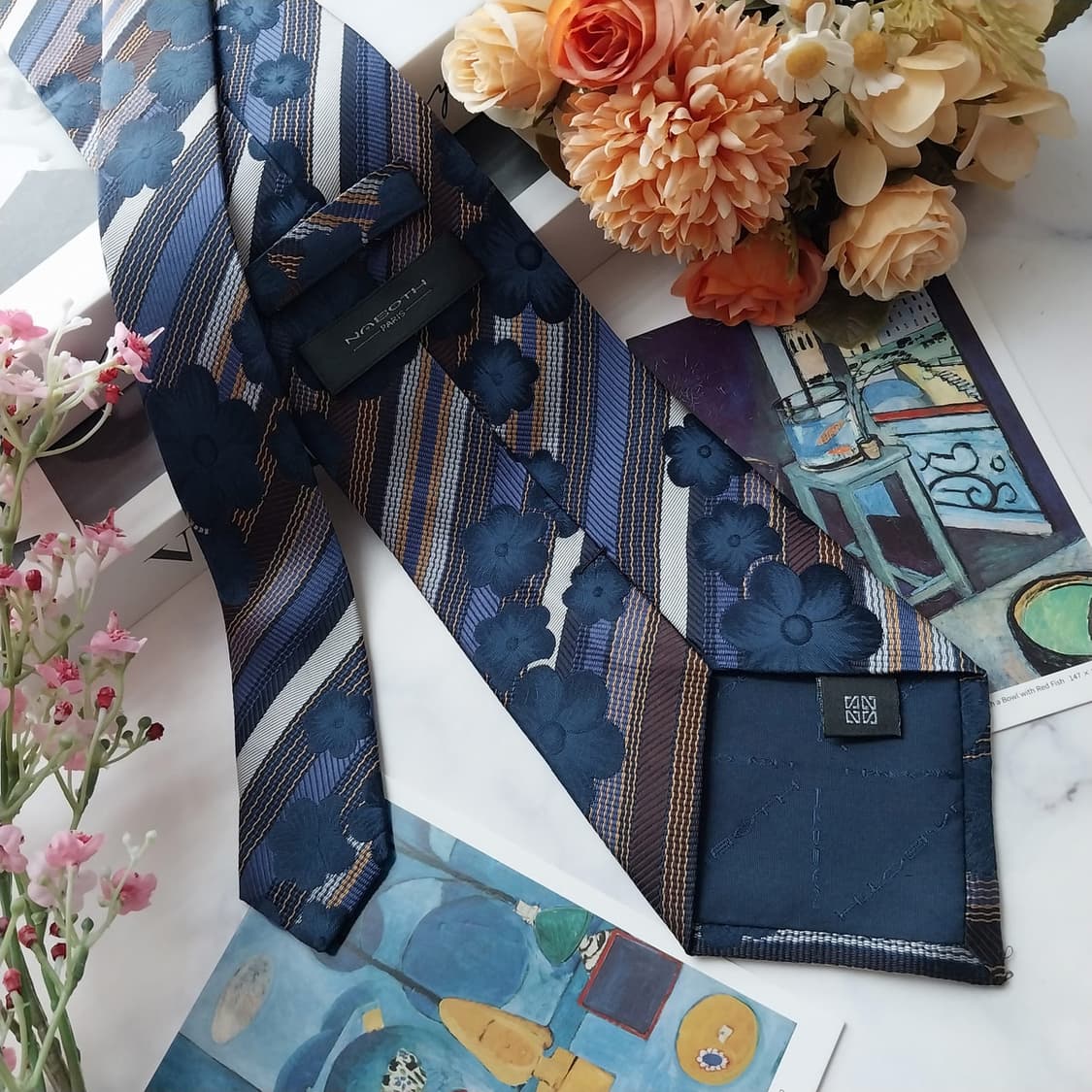 나보뜨 파리 실크 플라워 스트라이프 넥타이 9.6cm 새상품 K1459
 상품이미지4